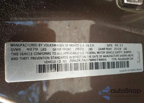 2011 Volkswagen Jetta 2.0L S z USA, uszkodzony, nr VIN 3VW2K7AJ7BM074855